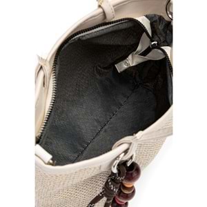 1040 Kadın Ahşap Boncuk Detaylı Hasır El ve Omuz Çantası - KREM