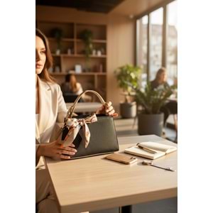 1050 Kadın Kurdele Detaylı El ve Omuz Çantası - SİYAH-VİZON