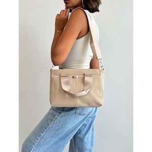 1070 Kadın Saten Çok Cepli Çapraz El ve Omuz Çantası - KREM