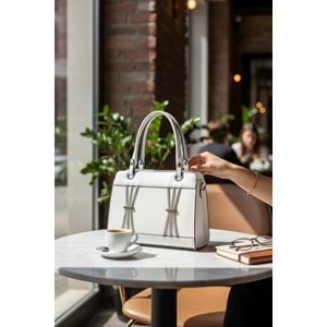 1080 Kadın Taş Detaylı El ve Omuz Çantası - BEYAZ