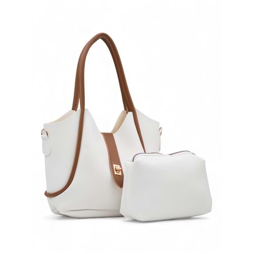 1020 Kadın Makyaj Çantalı El ve Omuz Çantası 2 li Set - BEYAZ