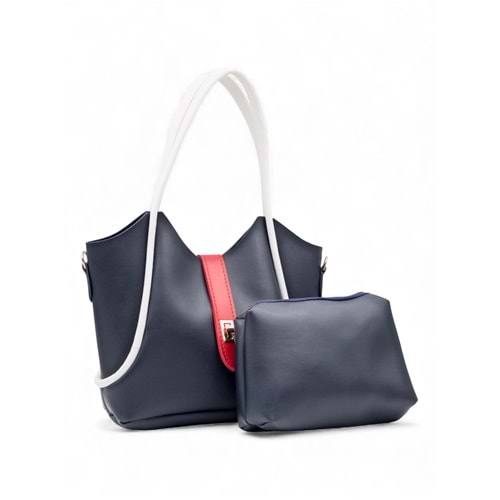 1020 Kadın Makyaj Çantalı El ve Omuz Çantası 2 li Set - LACİVERT