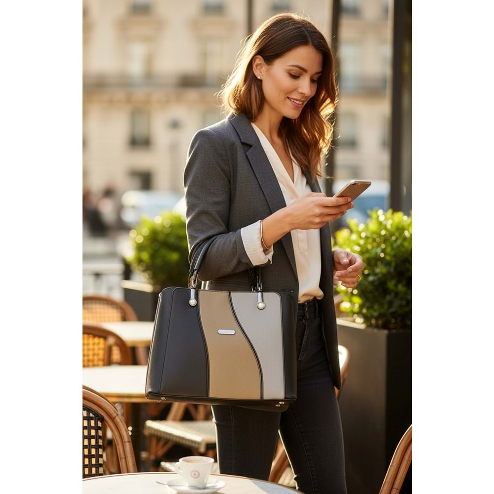 1010 Kadın 3 Bölmeli El ve Omuz Çantası - SİYAH-HAKİ