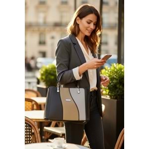 1010 Kadın 3 Bölmeli El ve Omuz Çantası - SİYAH-HAKİ