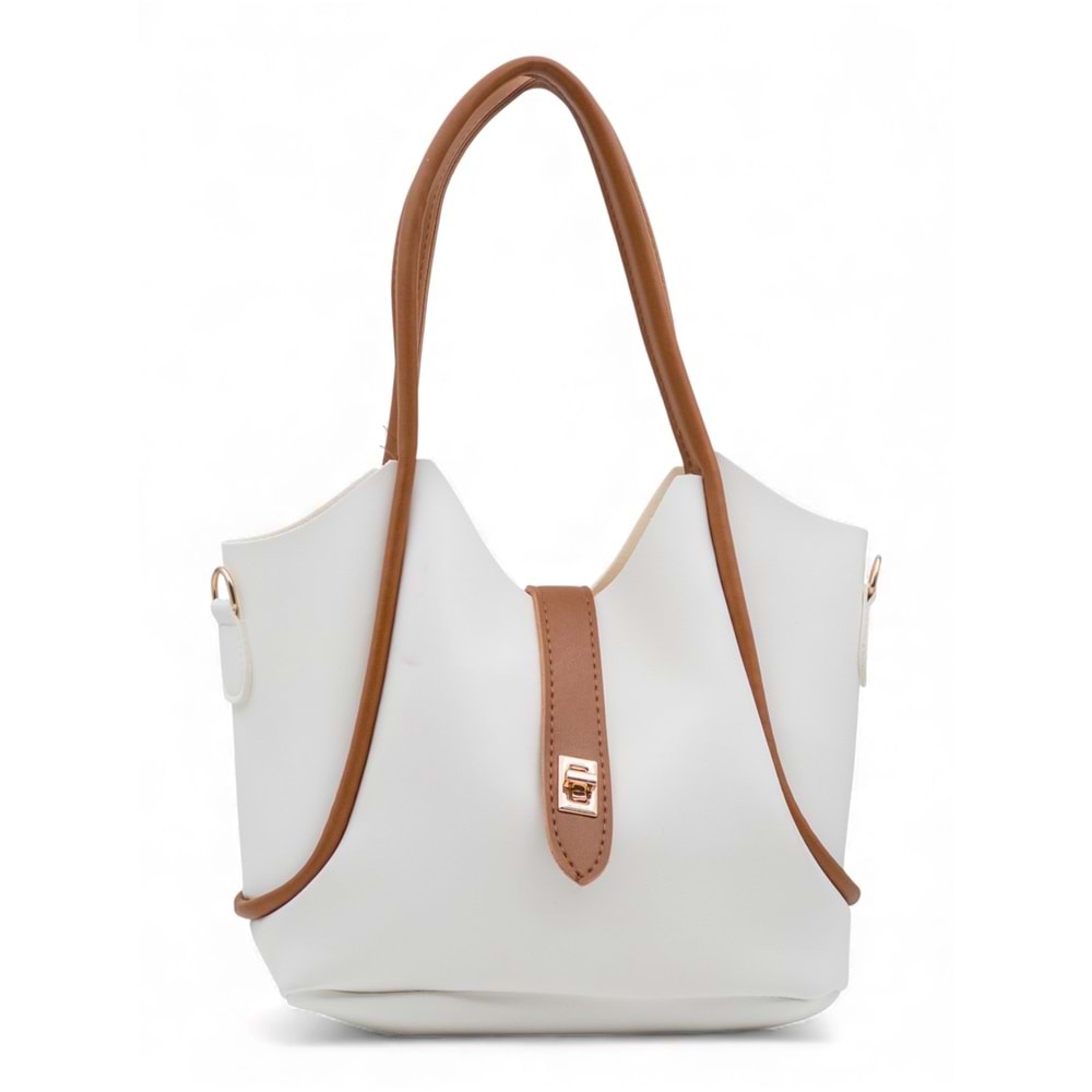 1020 Kadın Makyaj Çantalı El ve Omuz Çantası 2 li Set - BEYAZ