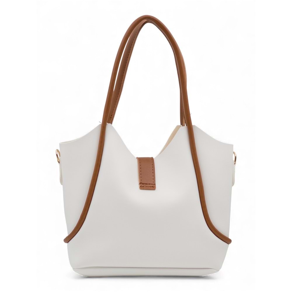 1020 Kadın Makyaj Çantalı El ve Omuz Çantası 2 li Set - BEYAZ