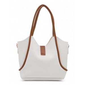 1020 Kadın Makyaj Çantalı El ve Omuz Çantası 2 li Set - BEYAZ