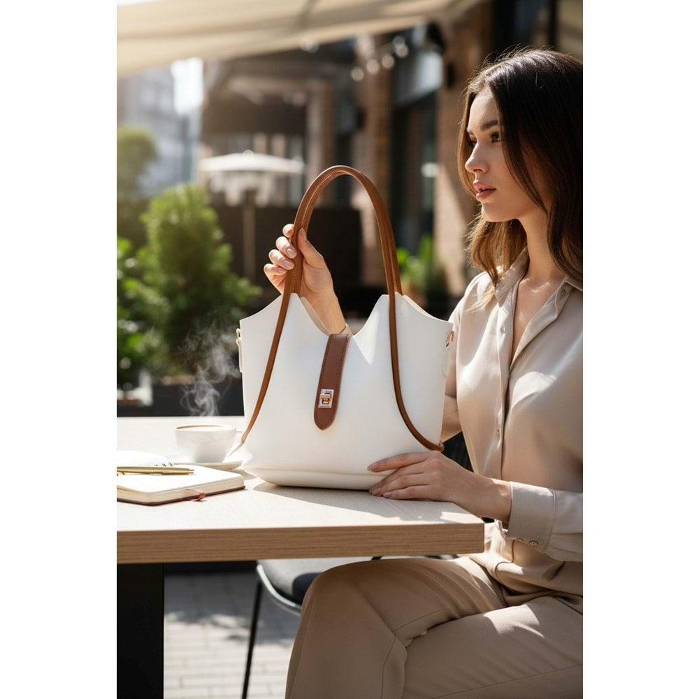 1020 Kadın Makyaj Çantalı El ve Omuz Çantası 2 li Set - BEYAZ