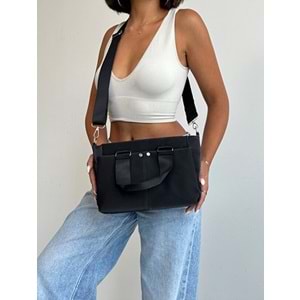 1070 Kadın Saten Çok Cepli Çapraz El ve Omuz Çantası - SİYAH