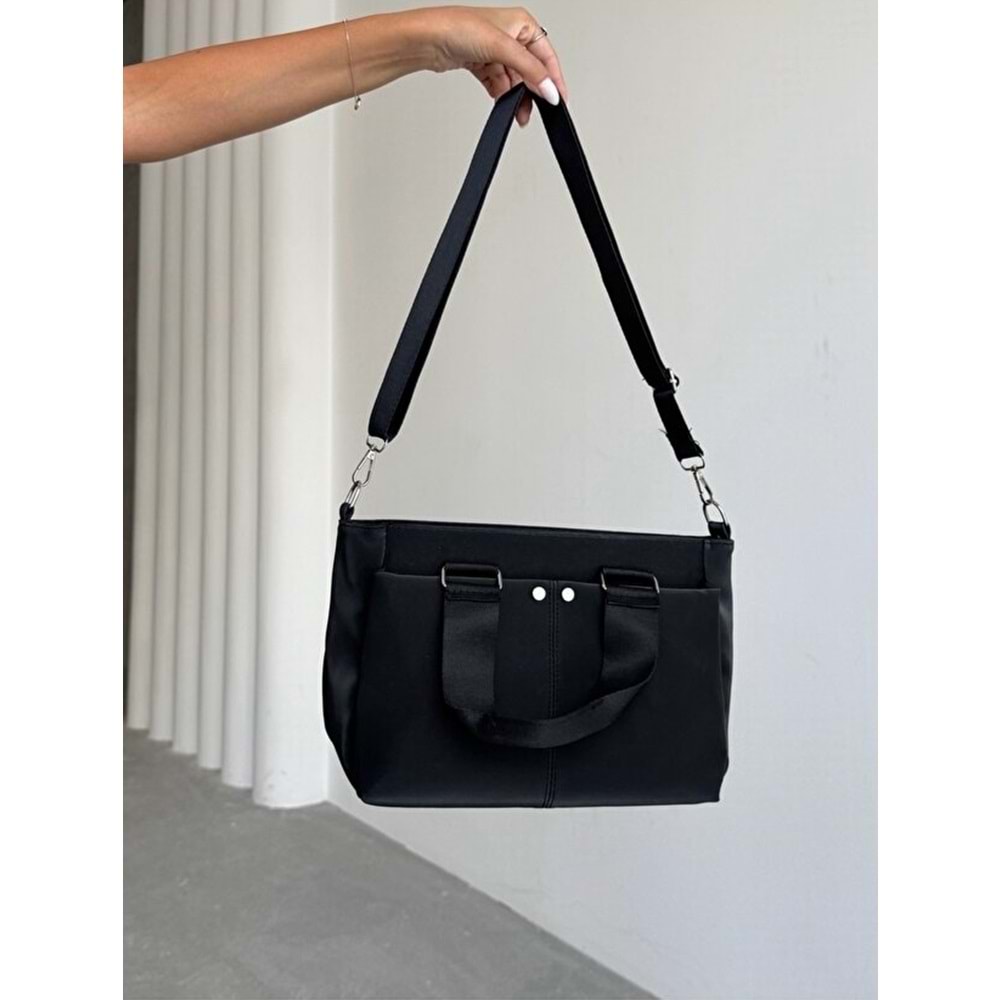 1070 Kadın Saten Çok Cepli Çapraz El ve Omuz Çantası - SİYAH